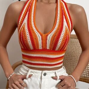 Vibrant Crochet Halter Top - Red, Orange, and White